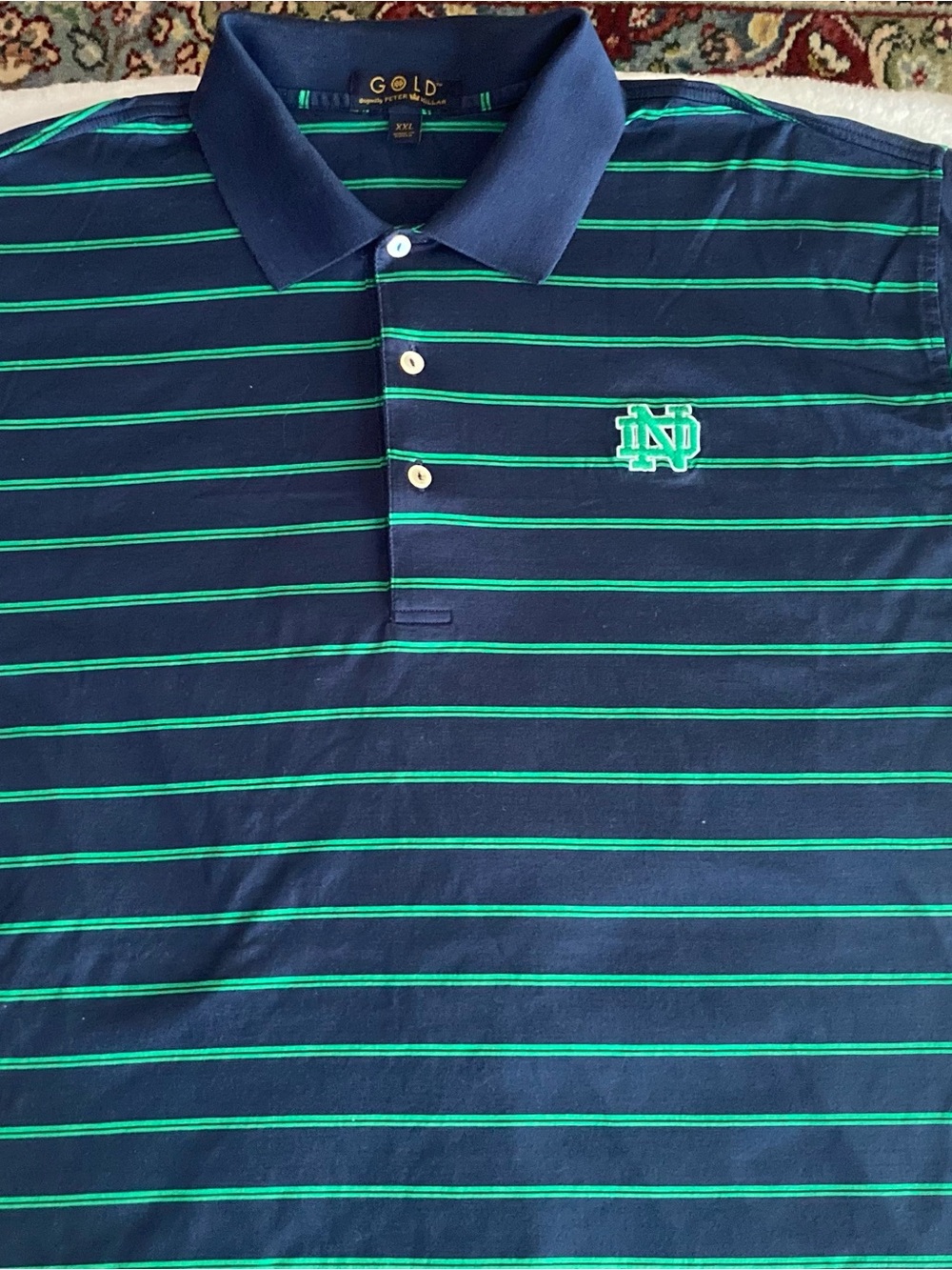 Peter Millar Navy and Green Striped Polo with ND Embroidered Logo